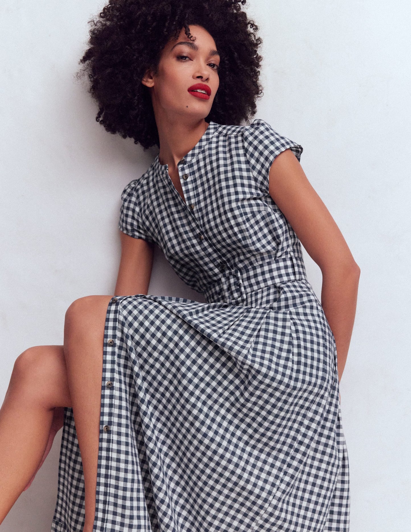 Arabella Linen Blend Dress-Navy Gingham