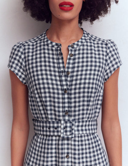 Arabella Linen Blend Dress-Navy Gingham