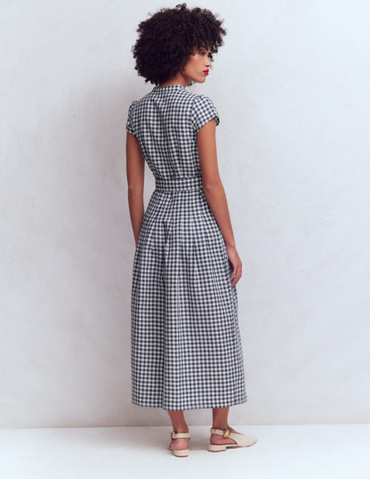 Arabella Linen Blend Dress-Navy Gingham