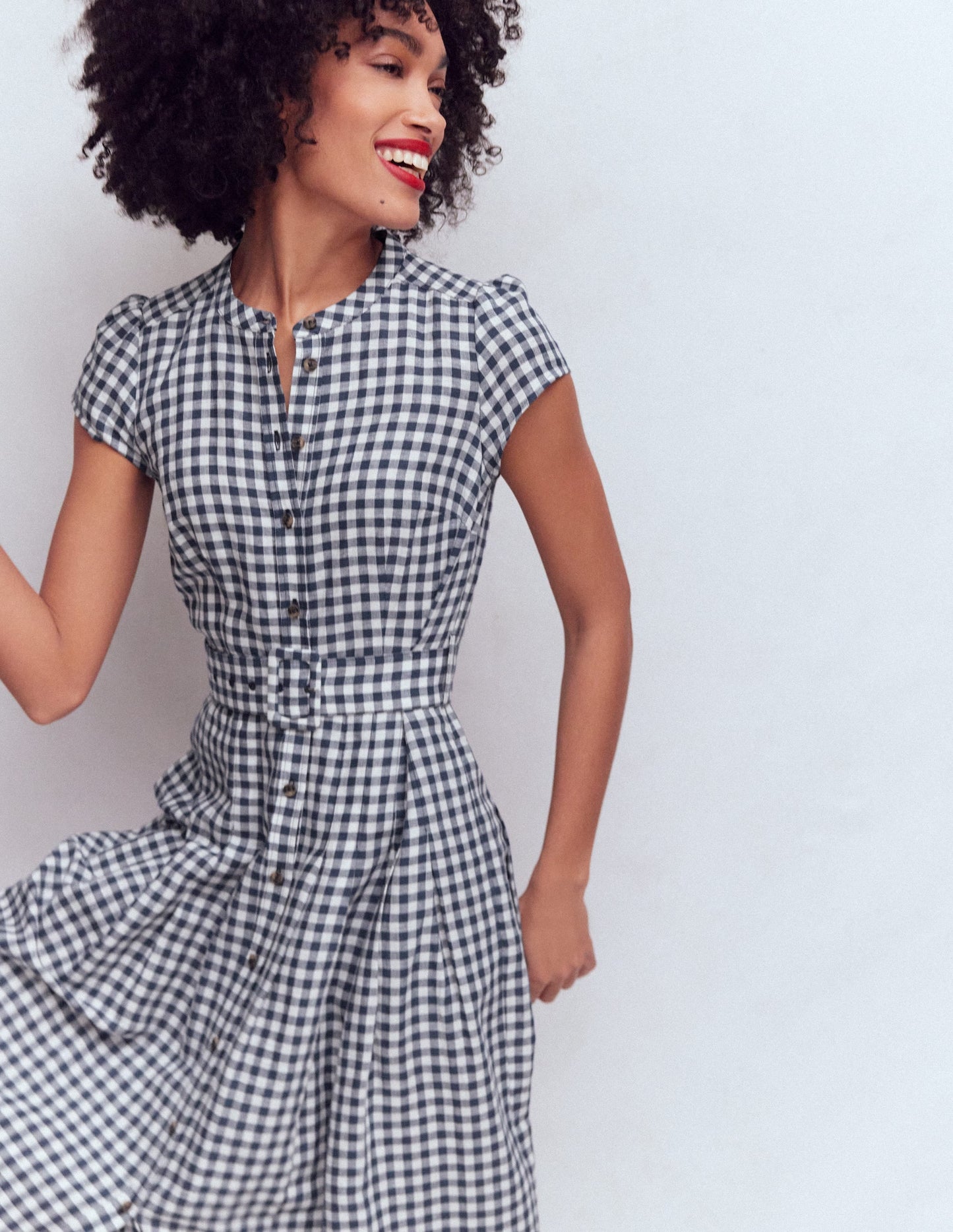 Arabella Linen Blend Dress-Navy Gingham