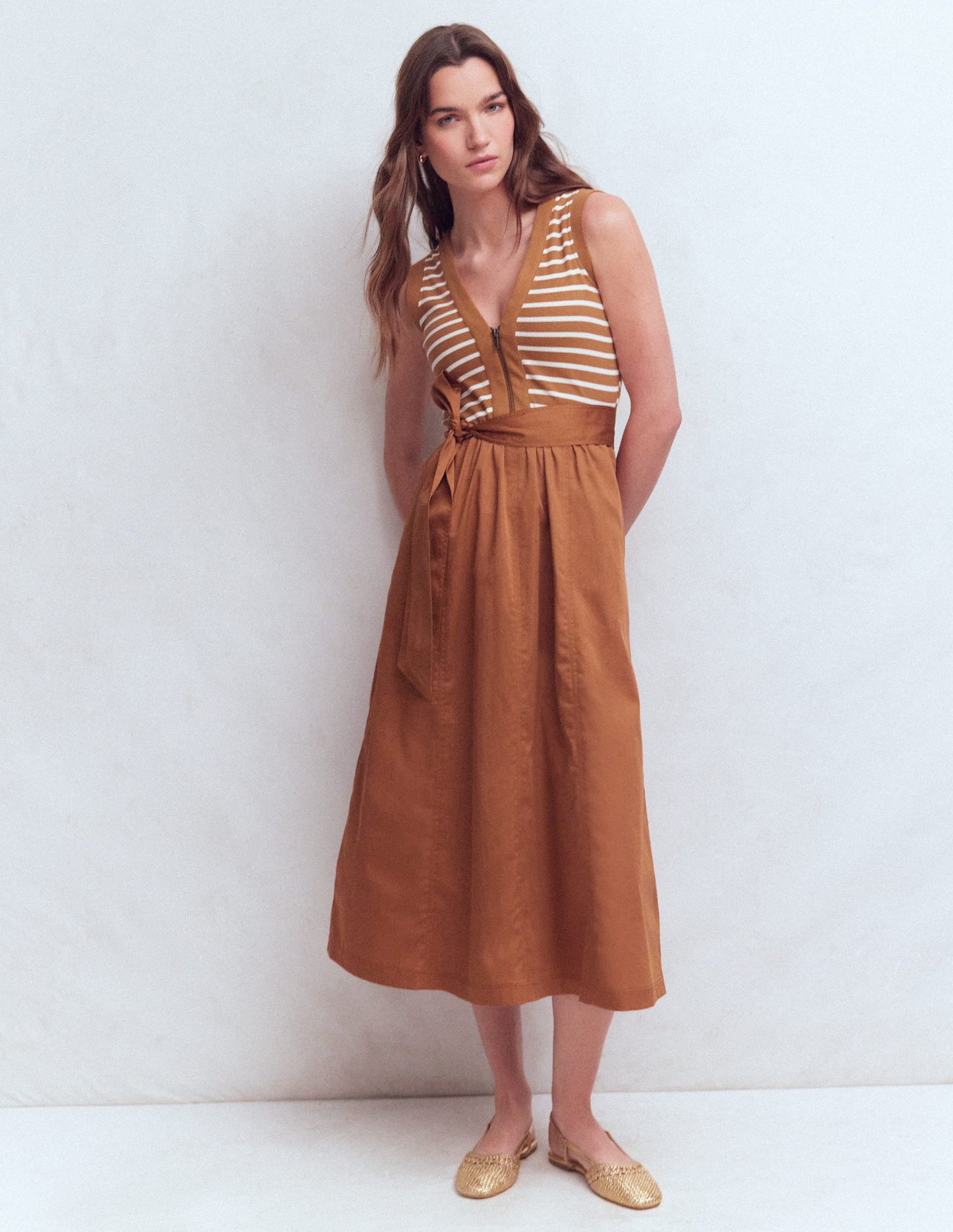 Zip-front Mix Media Dress-Ginger and Ivory Stripe