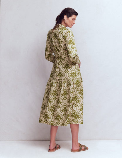 Ellie Cotton Maxi Shirt Dress-Green Decorative Lattice
