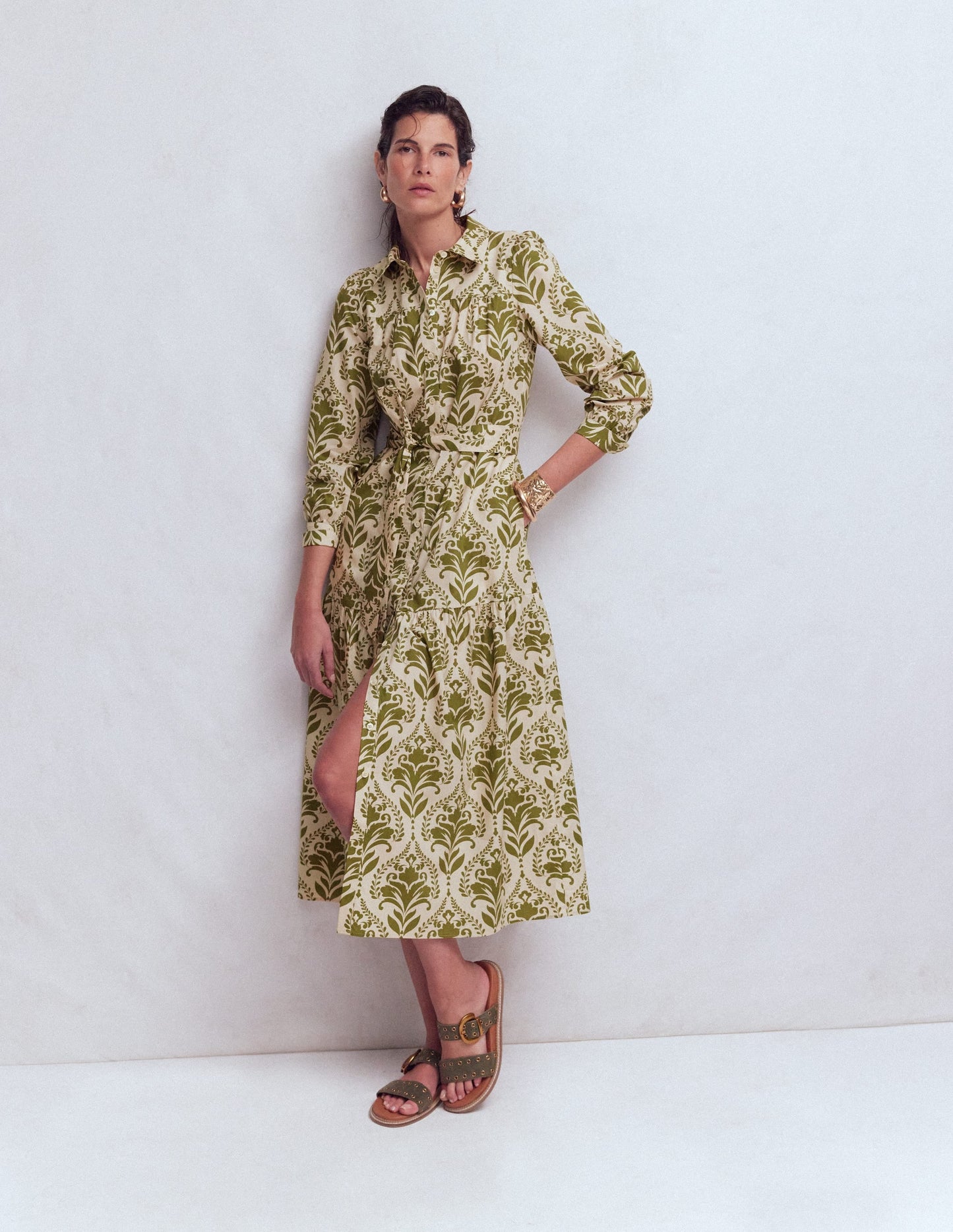 Ellie Cotton Maxi Shirt Dress-Green Decorative Lattice