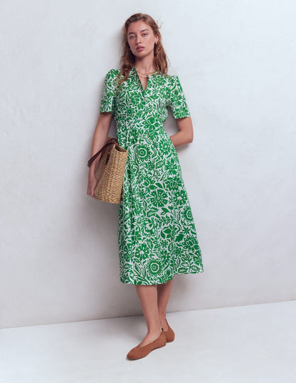 Ivy Button Cotton Midi Dress-Verdant Green, Meadow Scatter