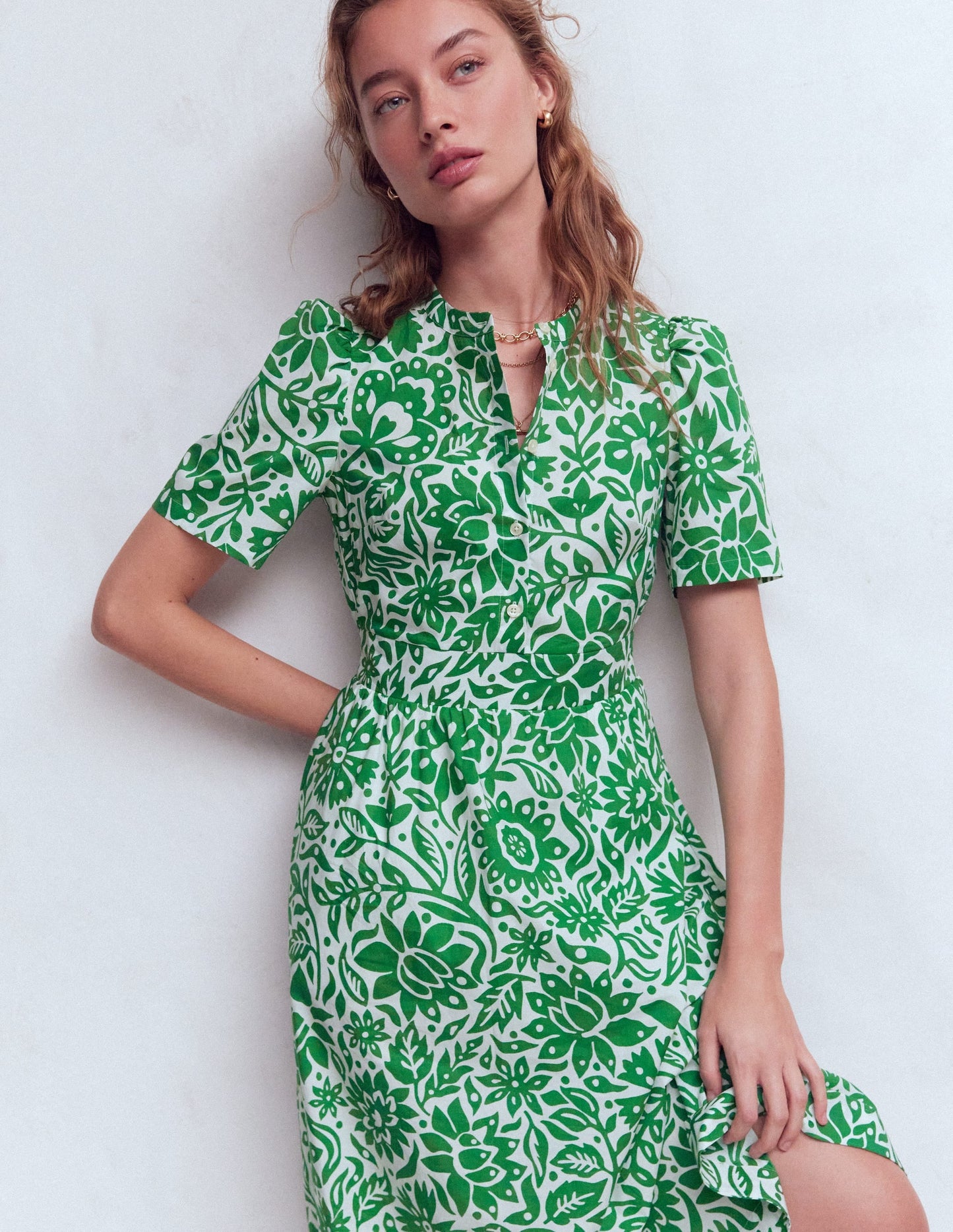 Ivy Button Cotton Midi Dress-Verdant Green, Meadow Scatter