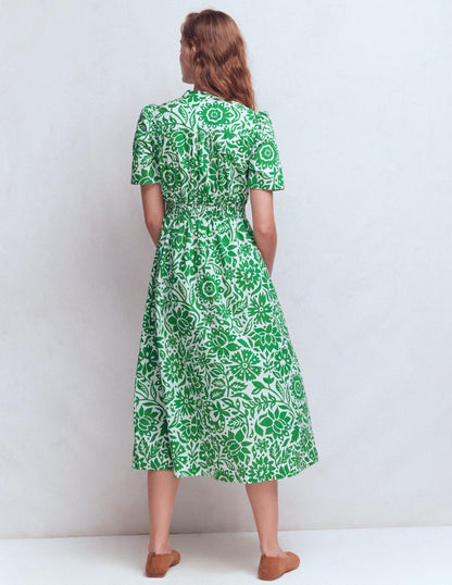 Ivy Button Cotton Midi Dress-Verdant Green, Meadow Scatter