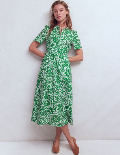 Ivy Button Cotton Midi Dress-Verdant Green, Meadow Scatter