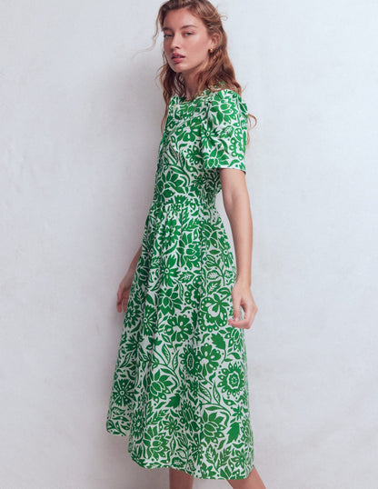 Ivy Button Cotton Midi Dress-Verdant Green, Meadow Scatter