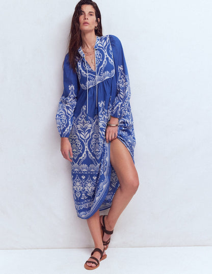 Boho Tie Neck Kaftan-Blue Ornamental Garden