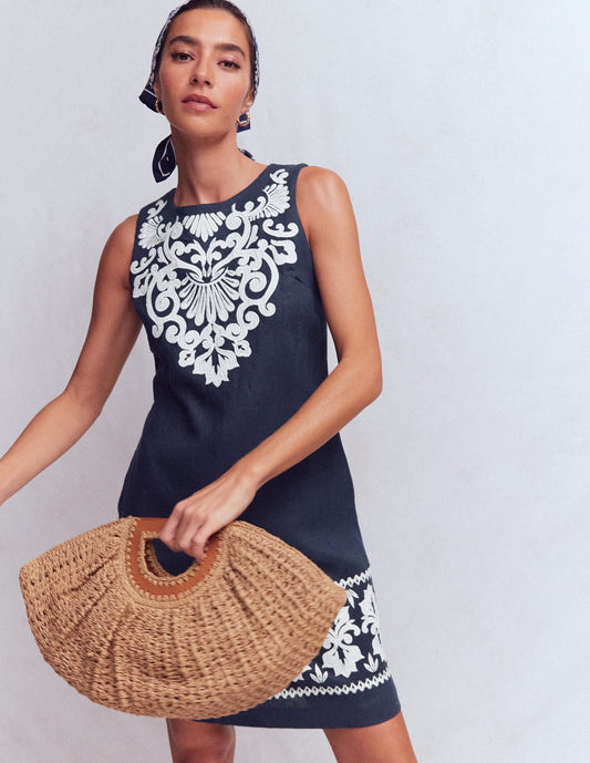 Linen Shift Dress-Navy Embrodiery