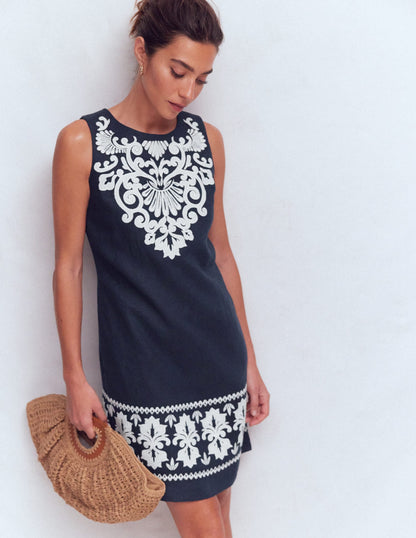 Linen Shift Dress-Navy Embrodiery