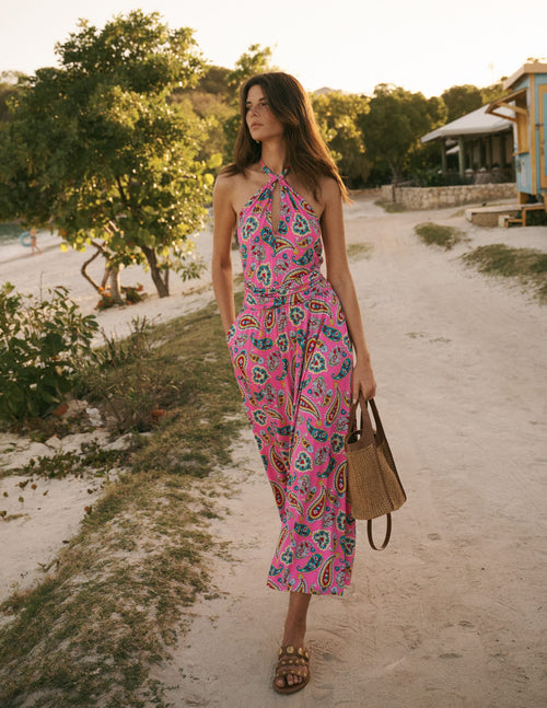 Sydney Twist Neck Jersey Dress-Pink Paisley