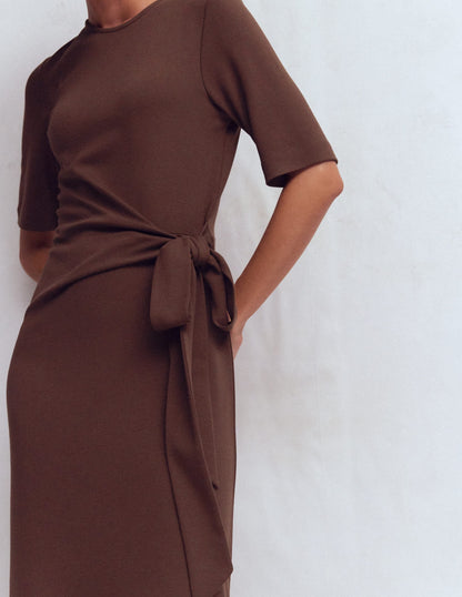 Zinnia Tie Jersey Midi Dress-Espresso