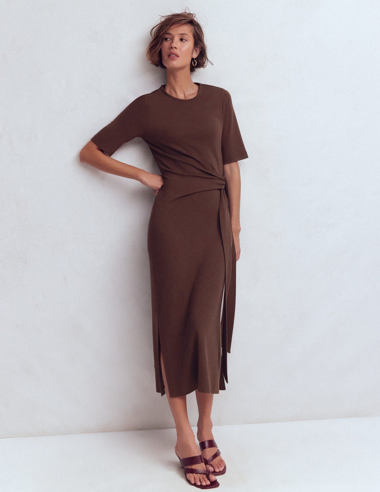 Zinnia Tie Jersey Midi Dress-Espresso