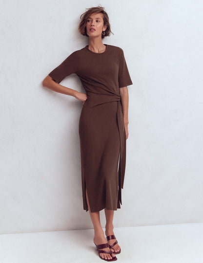 Zinnia Tie Jersey Midi Dress-Espresso