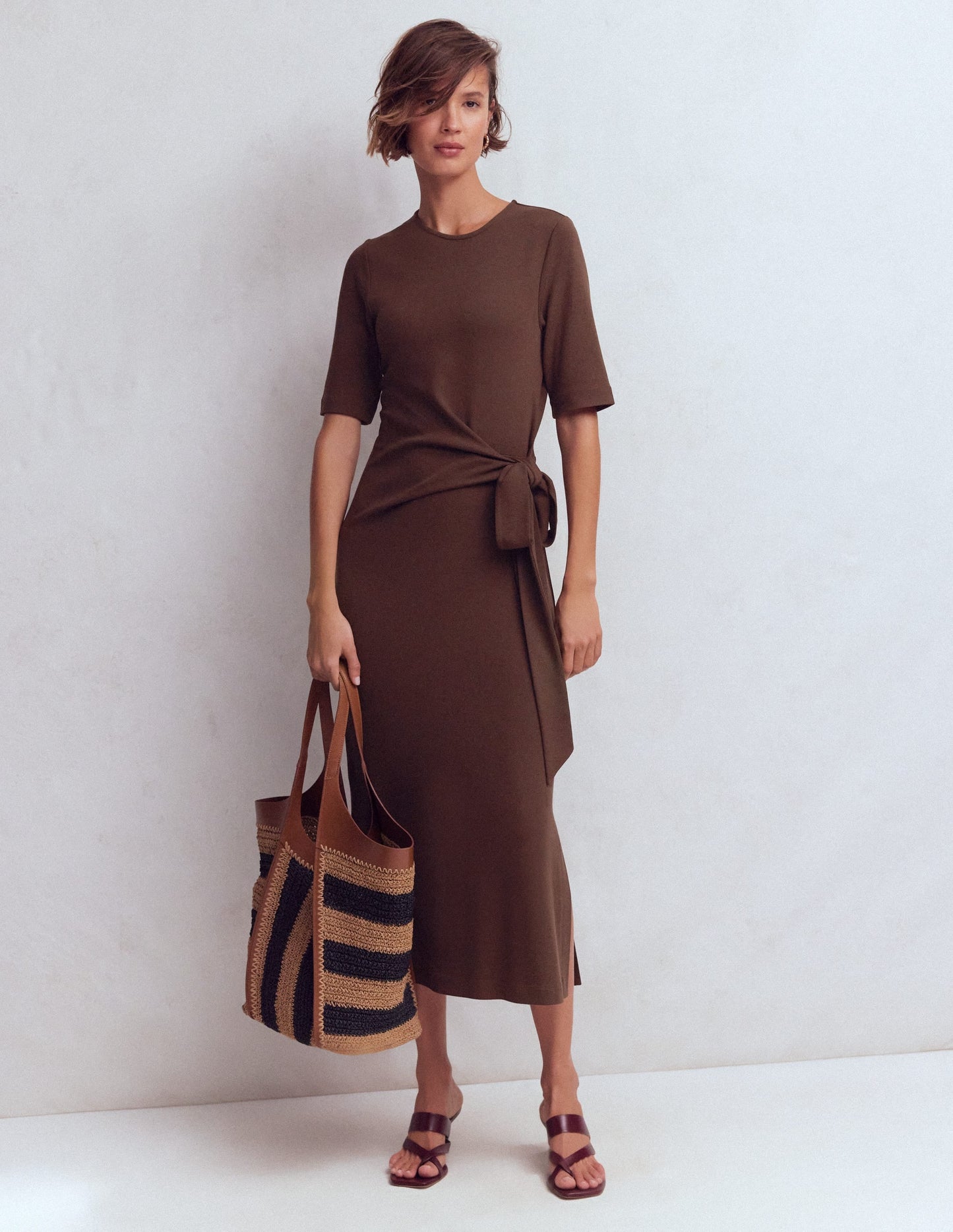 Zinnia Tie Jersey Midi Dress-Espresso