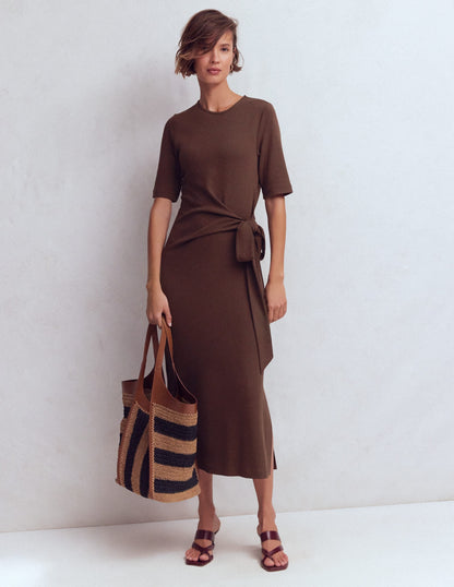 Zinnia Tie Jersey Midi Dress-Espresso