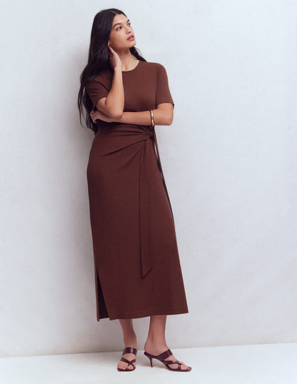 Zinnia Tie Jersey Midi Dress-Espresso