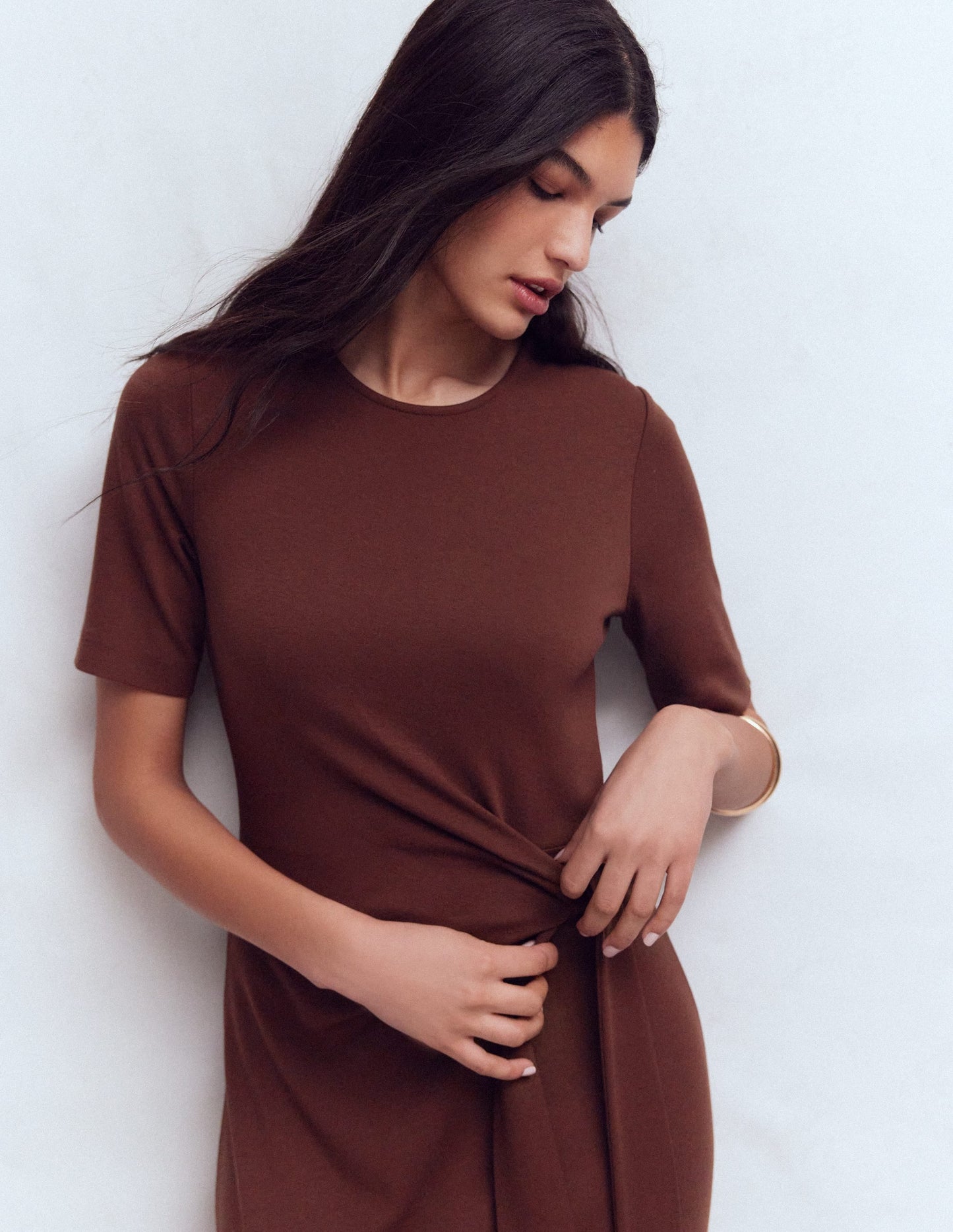 Zinnia Tie Jersey Midi Dress-Espresso