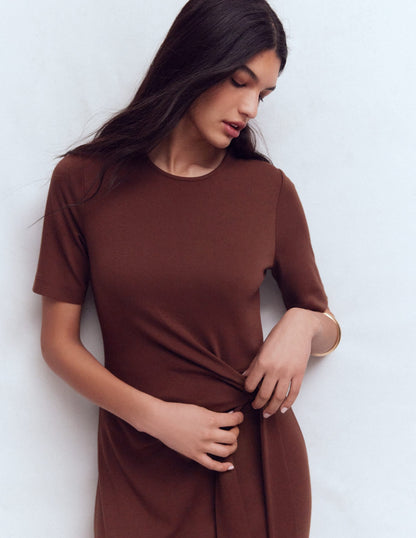 Zinnia Tie Jersey Midi Dress-Espresso