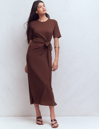 Zinnia Tie Jersey Midi Dress-Espresso