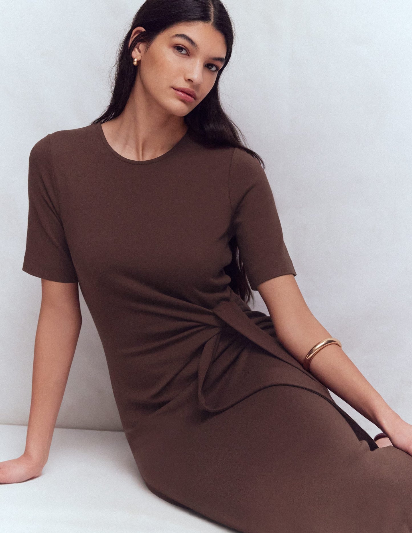 Zinnia Tie Jersey Midi Dress-Espresso