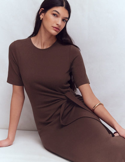 Zinnia Tie Jersey Midi Dress-Espresso