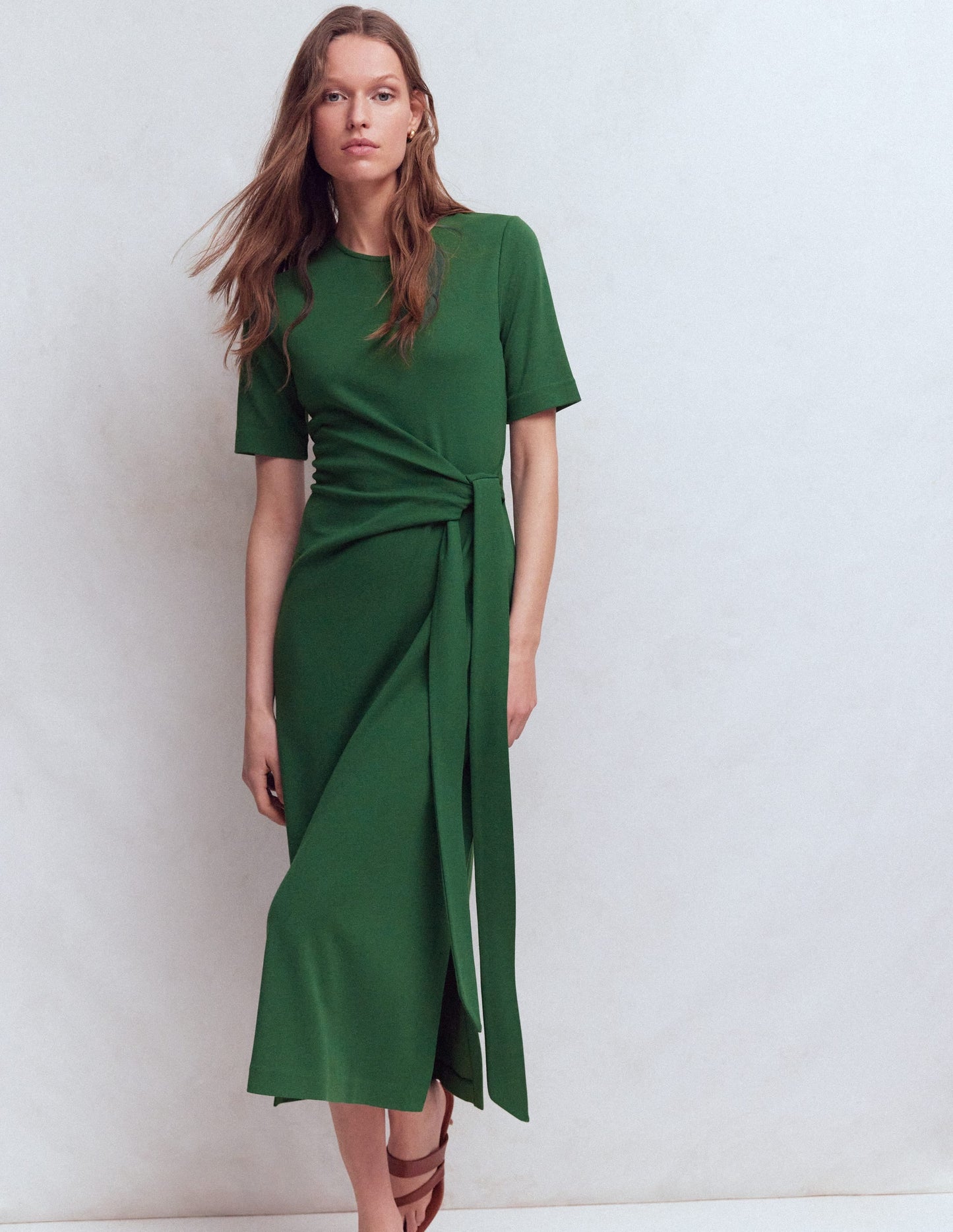 Zinnia Tie Jersey Midi Dress-Hunter Green