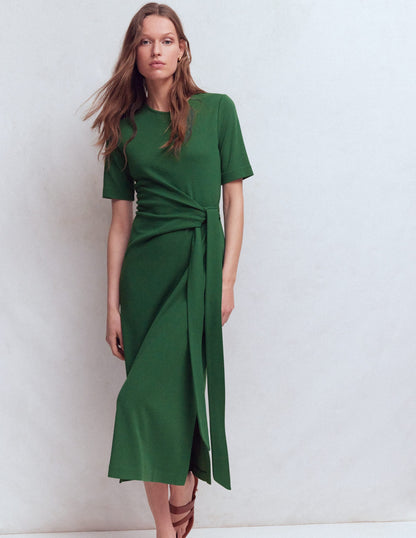 Zinnia Tie Jersey Midi Dress-Hunter Green