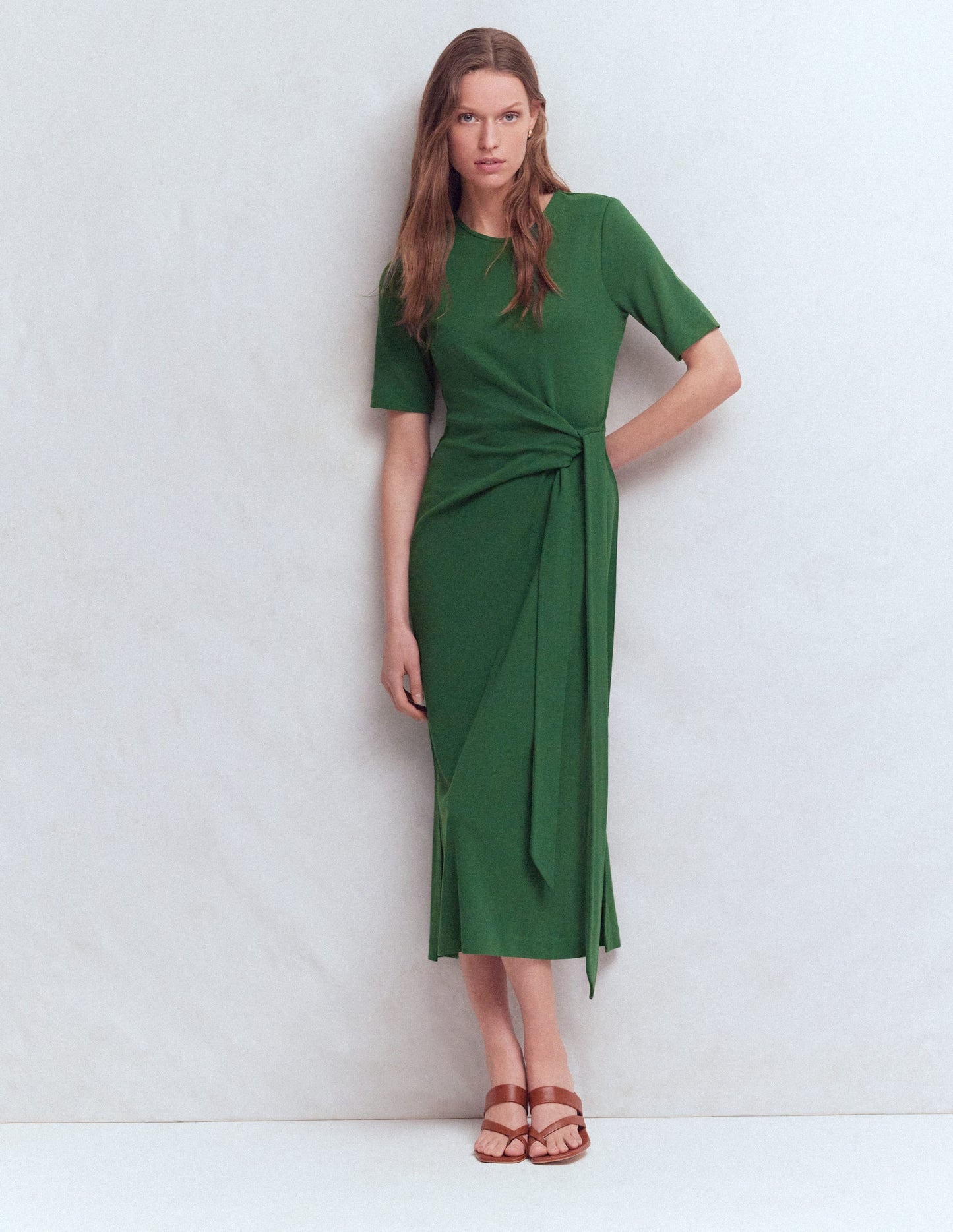 Zinnia Tie Jersey Midi Dress-Hunter Green