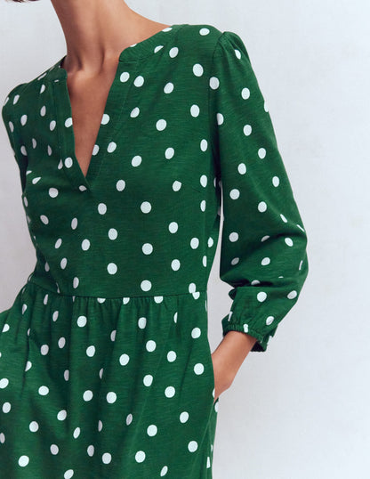 Cathy Notch Neck Jersey Dress-Hunter Green, Painted Dot