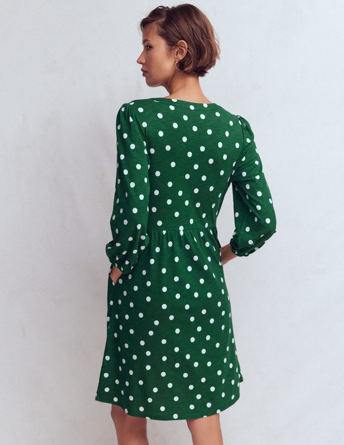 Cathy Notch Neck Jersey Dress-Hunter Green, Painted Dot