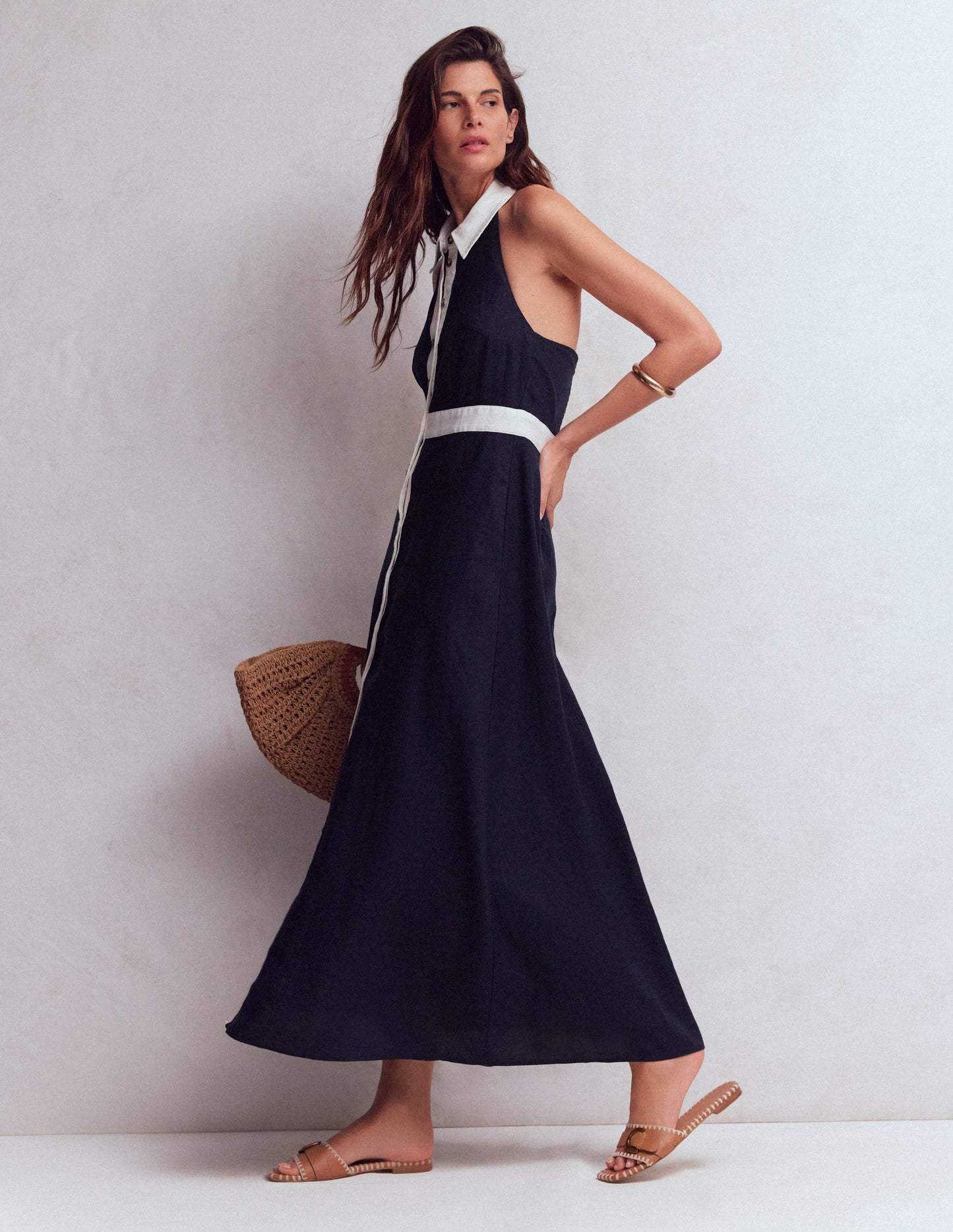 Eva Linen Blend Maxi Dress-Navy Ivory