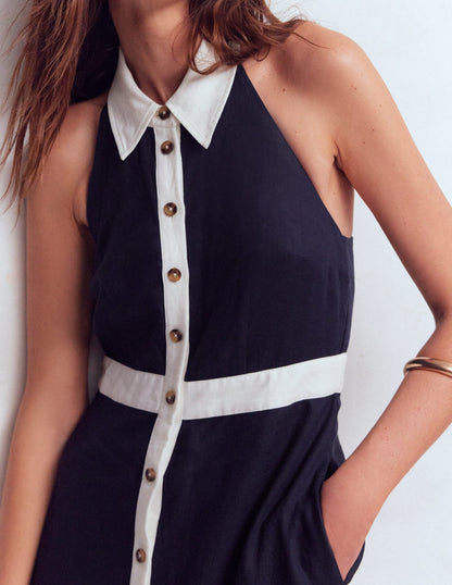 Eva Linen Blend Maxi Dress-Navy Ivory