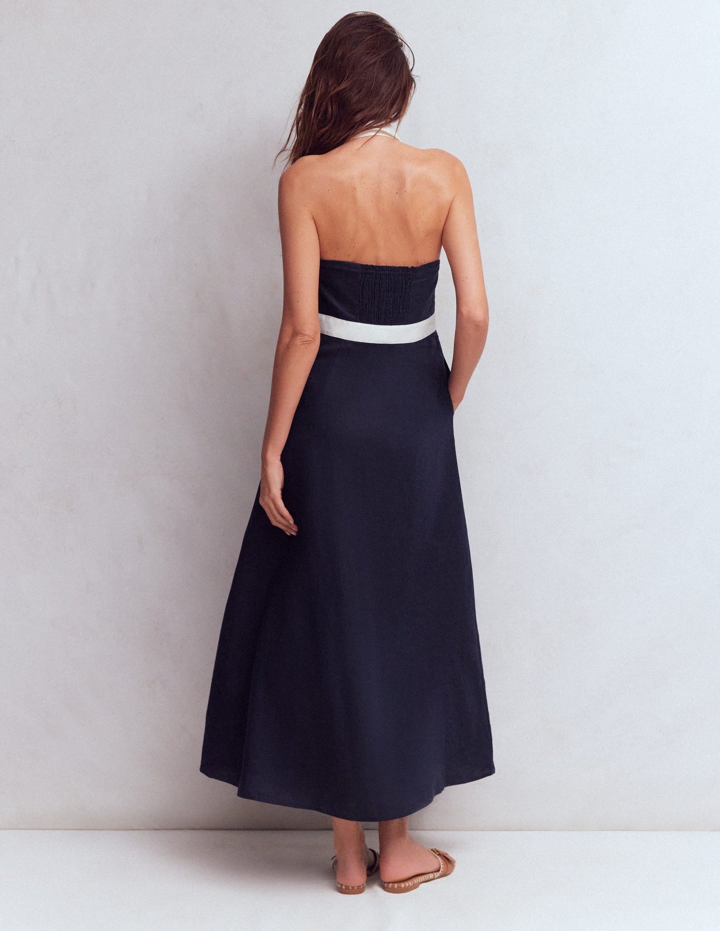 Eva Linen Blend Maxi Dress-Navy Ivory