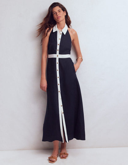 Eva Linen Blend Maxi Dress-Navy Ivory