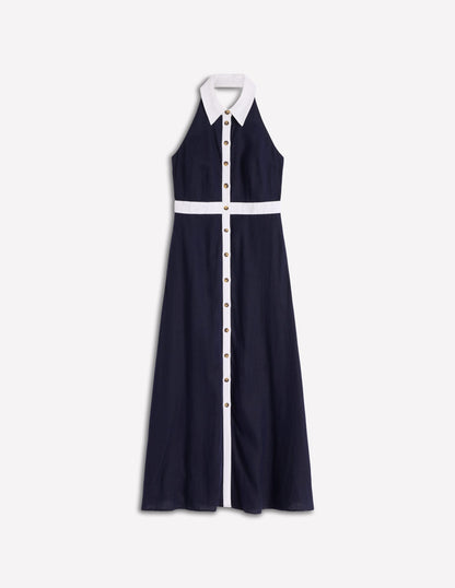 Eva Linen Blend Maxi Dress-Navy Ivory