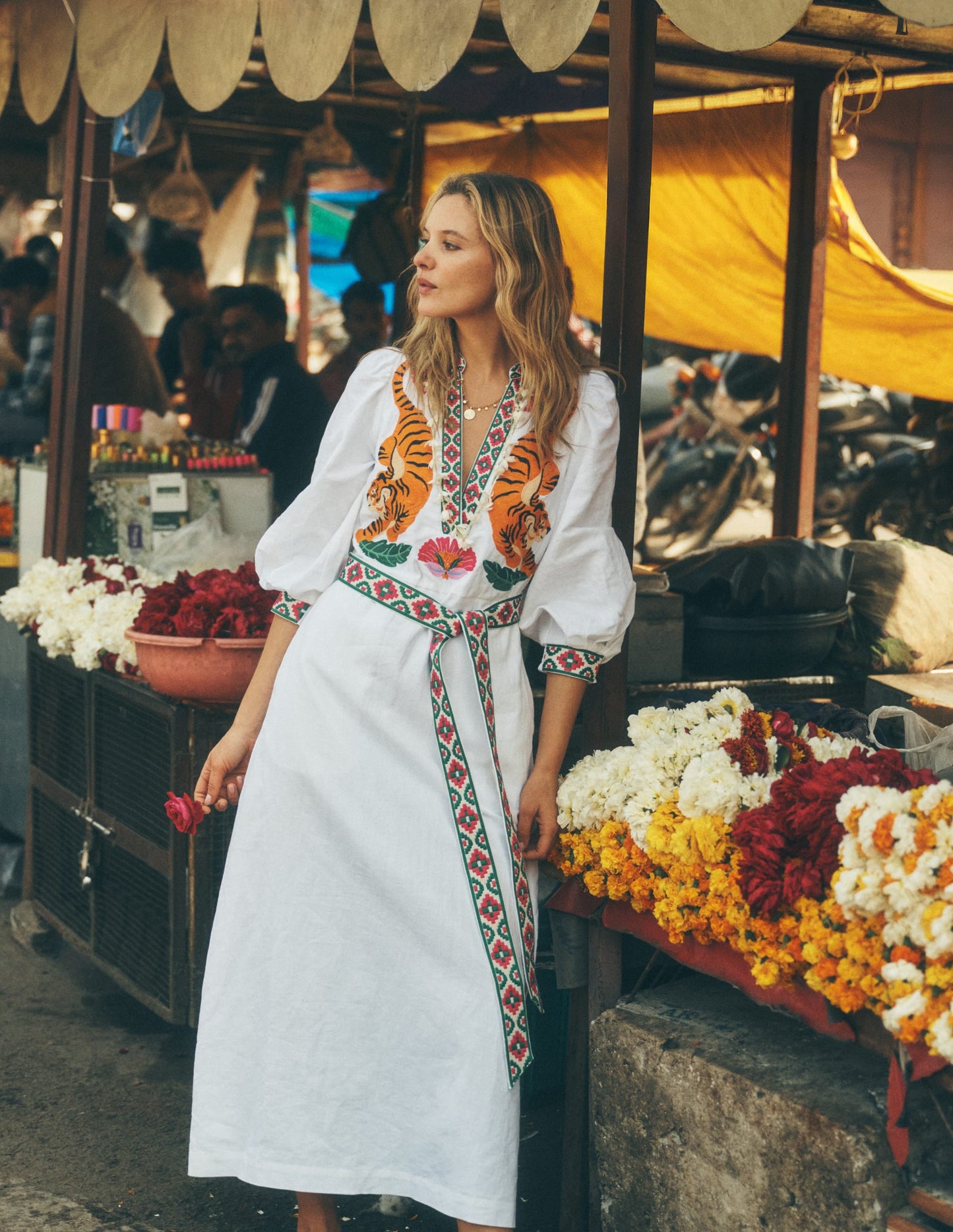 Octavia Linen Blend Dress-Tiger Embroidery