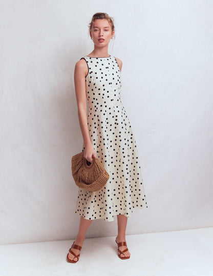Annet Linen Blend Midi Dress-Ivory Painted Dot Spaced