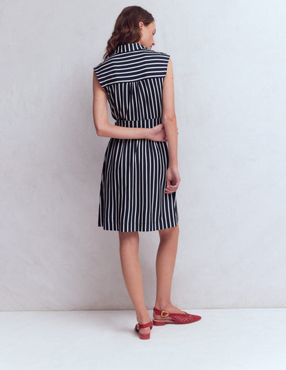 Honor Short Jersey Shirt Dress-Navy and White Stripe