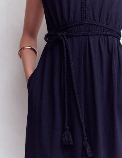 Heidi Ruched Rope Jersey Dress-Navy