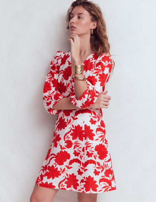 Marla Linen Blend Short Dress-Red Elegant Blossom