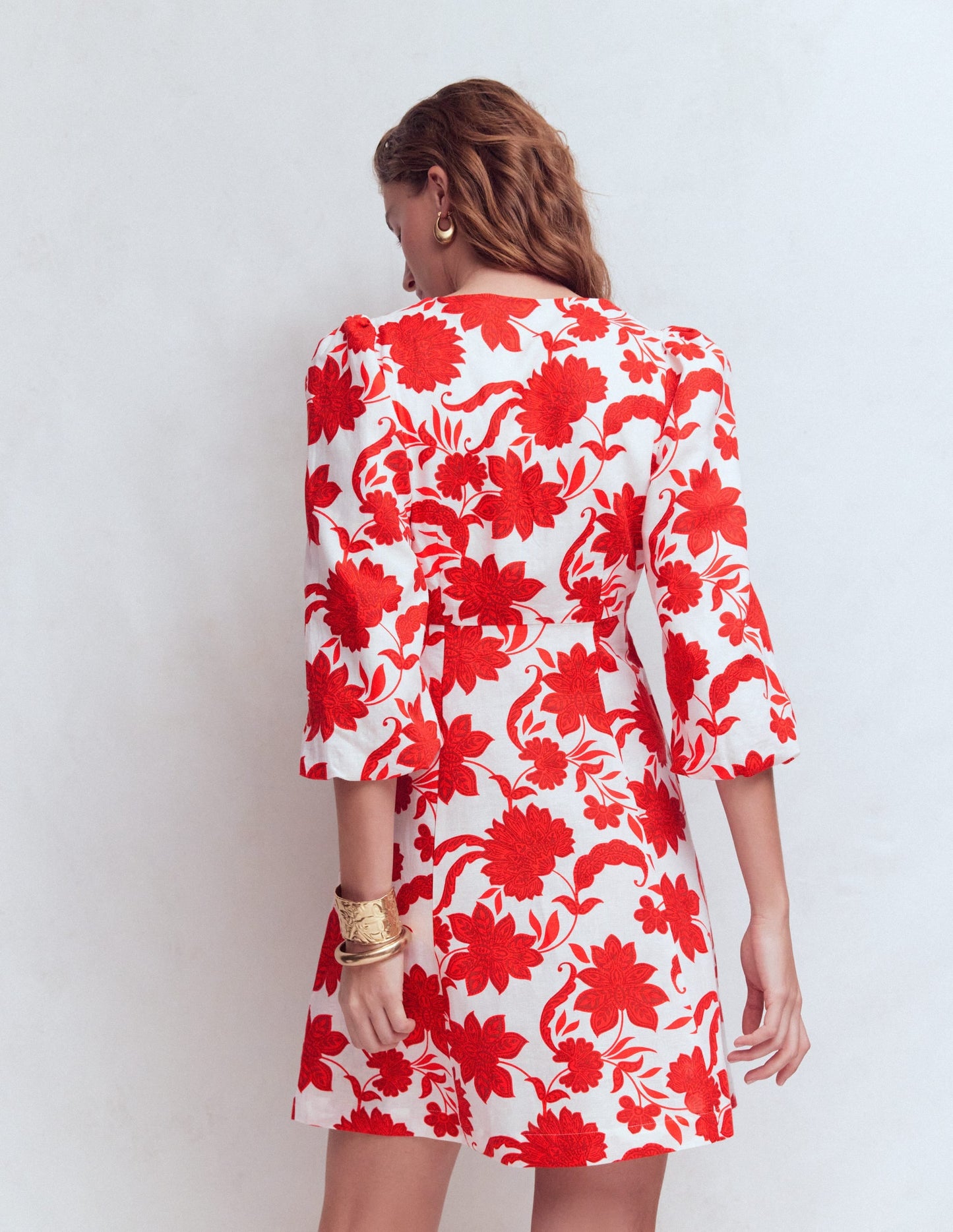 Marla Linen Blend Short Dress-Red Elegant Blossom