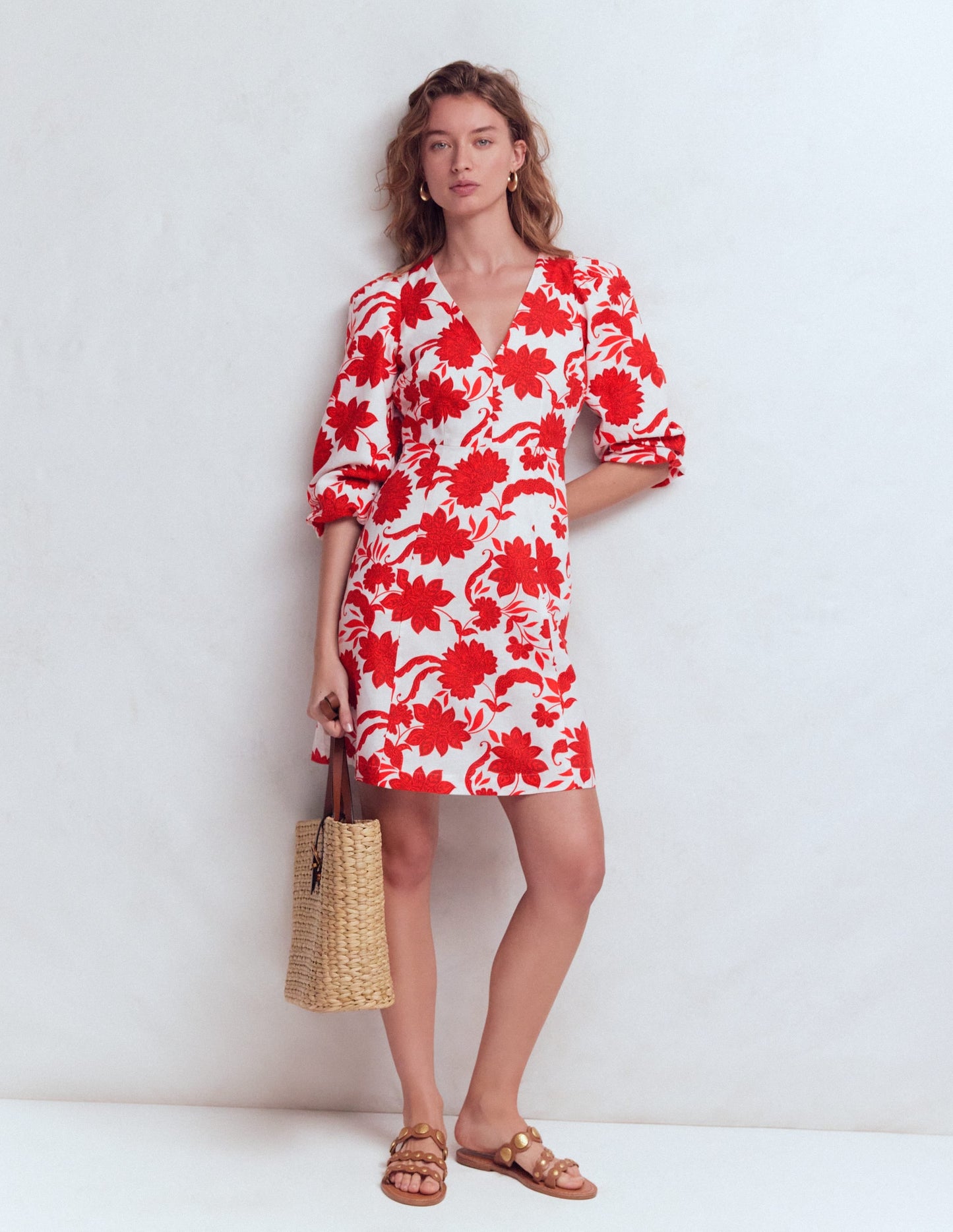 Marla Linen Blend Short Dress-Red Elegant Blossom