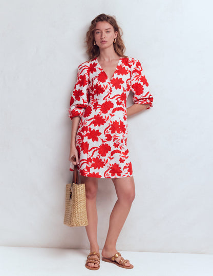 Marla Linen Blend Short Dress-Red Elegant Blossom