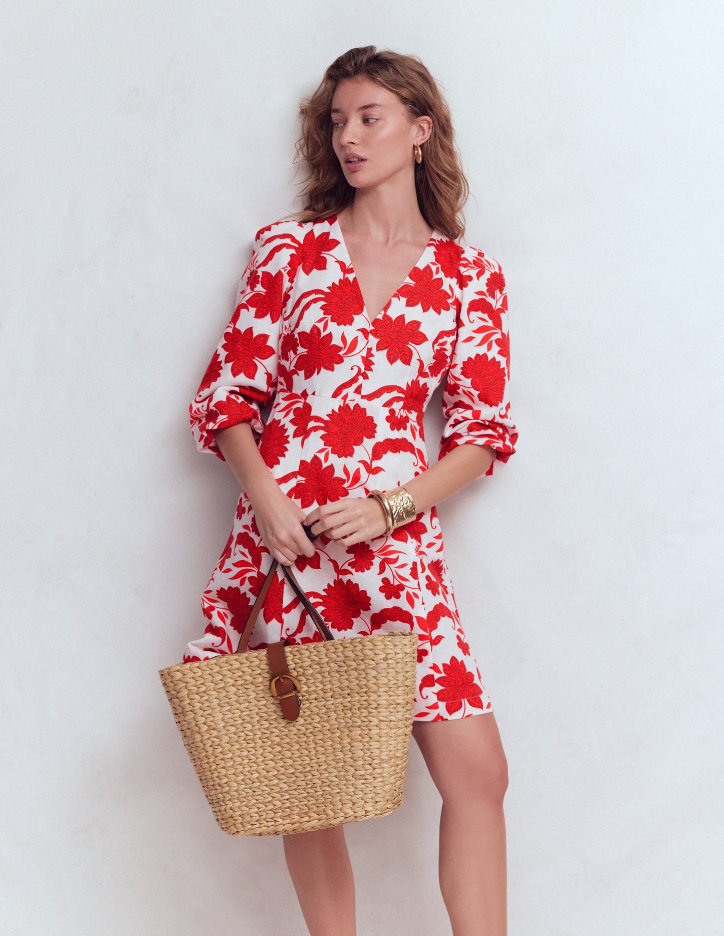 Marla Linen Blend Short Dress-Red Elegant Blossom