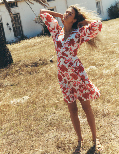 Marla Linen Blend Short Dress-Red Elegant Blossom