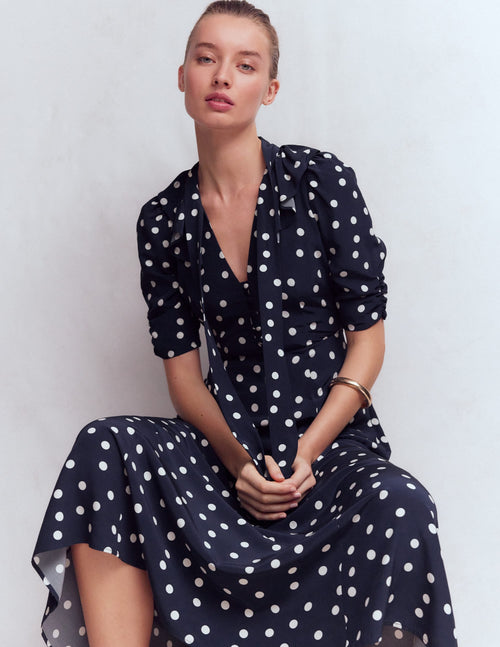 Ruffle Collar Midi Dress-French Navy Painted Spaced Dot