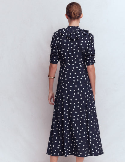 Ruffle Collar Midi Dress-French Navy Painted Spaced Dot