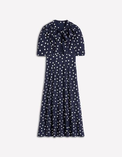 Ruffle Collar Midi Dress-French Navy Painted Spaced Dot